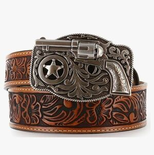 Justin Lil Trigger Brown Leather Belt With Pistol Gun Belt Buckle Boys Size 23"